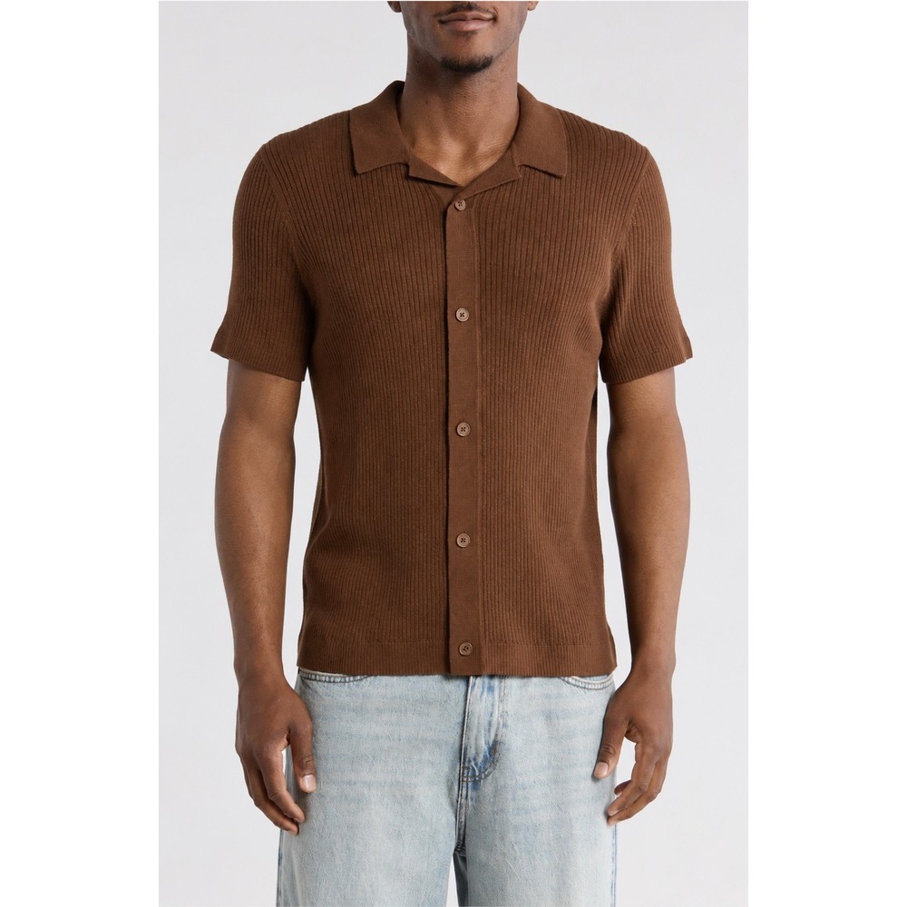 Abound Men's Brown Ribbed Knit Button Front Polo Shirt Size L NWT